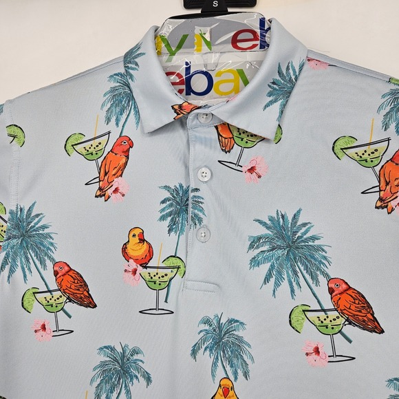 Waggle‎ Polo Shirt Mens Small Birds Margaritas AOP Golf Performance Short Sleeve - Picture 2 of 10
